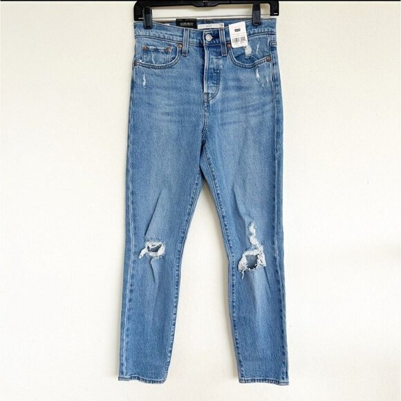 Levi’s Button Fly Wedgie Jeans 25 stretch Straight leg Distressed denim blue - Picture 9 of 14